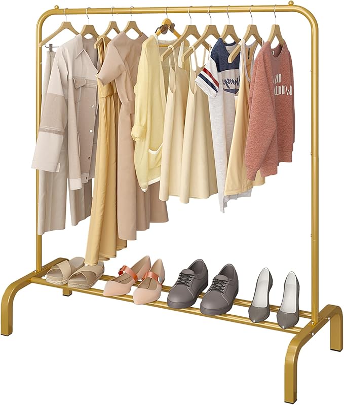 JIUYOTREE Clothing Garment Rack 110CM Metal Clothes Rail Coat Rail with Bottom Rack for Coats Skirts Shirts Sweaters Gold