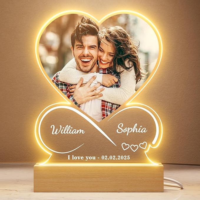 Bemaystar Personalised Photo Frame - Customised Picture Frames with Night Light, Valentines Day Christmas Anniversary Birthday Gifts for Women Men Her Him Mum Dad Girlfriend Boyfriend Family Friend