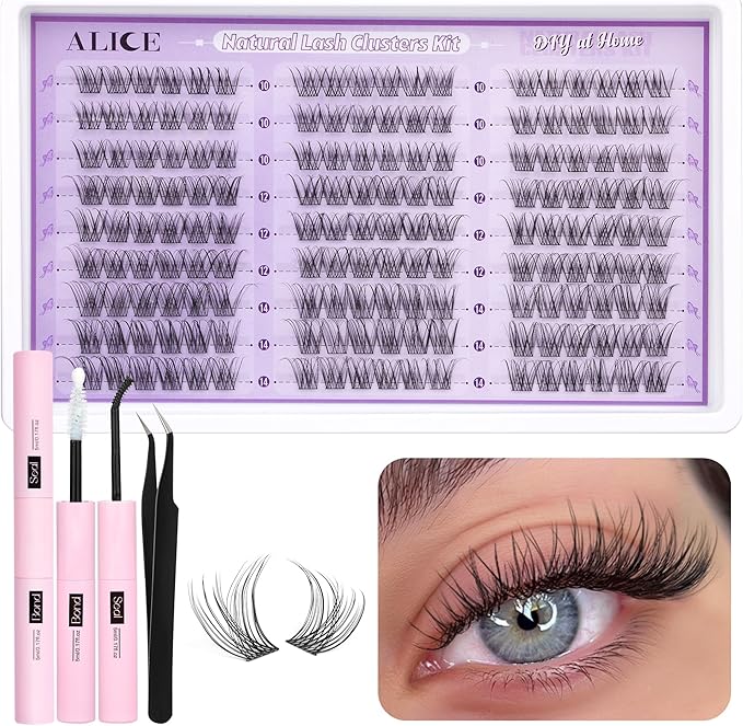 Individual Eyelashes Cluster Lashes Kit, Natural Lash Extension Kit Cluster Eyelash Extension Kit, 162pcs C Curl 10-14mm Eyelash Clusters with Lash Glue Bond and Seal Tweezers by ALICE