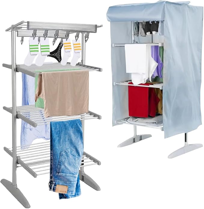 4 Tier Digital Electric Heated Clothes Airer - With Cover | Drying Laundry Rack | Size 147cm, 300w | Extendable Foldable Indoor Heated Dryer | For Winter & Cold Weather | Adjustable Timer Settings