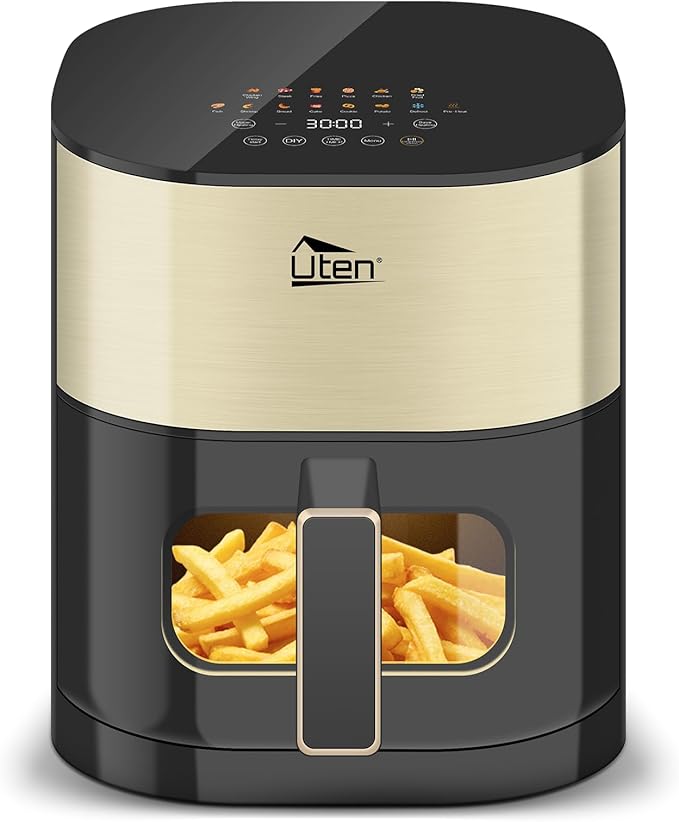 Uten Dual Blaze Air Fryer 5.5L Visual Window, Color Screen, 14 Pre Menus, Delayed Start, Stainless Oil Net, 2 Fast Heaters Independently Controllable, No Flip Food, Oil Free, Enery Save, Fast Cooking