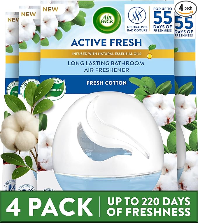 Air Wick Gel Freshener Fresh Cotton Scent, Pack of 4, Long-Lasting Fragrance up to 55 days, Bathroom Odour Eliminator, Kitchen & Pet Smell Remover, Home Odour Removal, Cotton Aroma.
