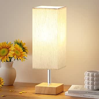 Aooshine Small Table Lamp, Minimalist Bedroom Lamp with Square Cream Linen Shade and Wood Grain Metal Base(Bulb Included)[Energy Class F]