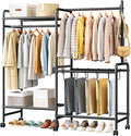 Heavy Duty Clothes Rail with Wheels, 125KG Metal Clothing Rack with Trouser Rack, Top Shelf, 4 Hooks & 5 Trouser Hangers, Sturdy Wardrobe Clothes Rail for Bedroom Hallway Shop, Black