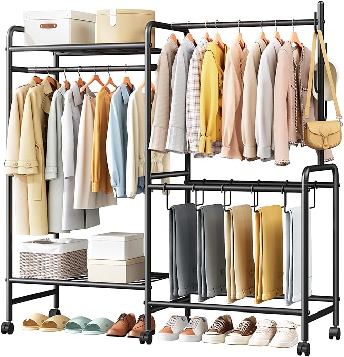 Heavy Duty Clothes Rail with Wheels, 125KG Metal Clothing Rack with Trouser Rack, Top Shelf, 4 Hooks & 5 Trouser Hangers, Sturdy Wardrobe Clothes Rail for Bedroom Hallway Shop, Black