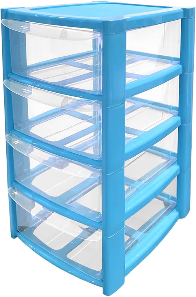 Mini 4 Drawer Plastic Storage Tower - Compact Desktop Organiser with Clear Drawers for Makeup, Toiletries, Stationery - Lightweight & Durable Storage Tower - Pink, Blue or Black, 40x26x19cm (Blue)