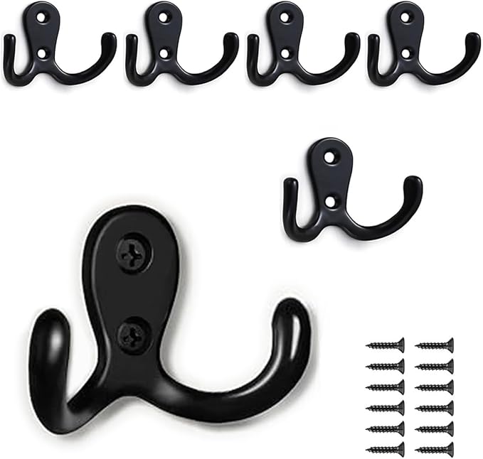 6-Pack Double Coat Hooks, Metal Hooks, Wall-Mounted Coat Hooks with Screws for Hanging Clothes, Hats, Towels, Keys, Kitchenware, for Living Room, Bedroom, Bathroom, Kitchen (Black)