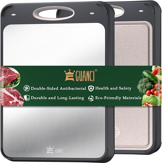 GUANCI Cutting Board for Kitchen Double Sided 304 Stainless Steel Chopping Board Food-Grade Stainless Steel and Wheat Straw PP Small Size 14”×9.6” Easy to Clean