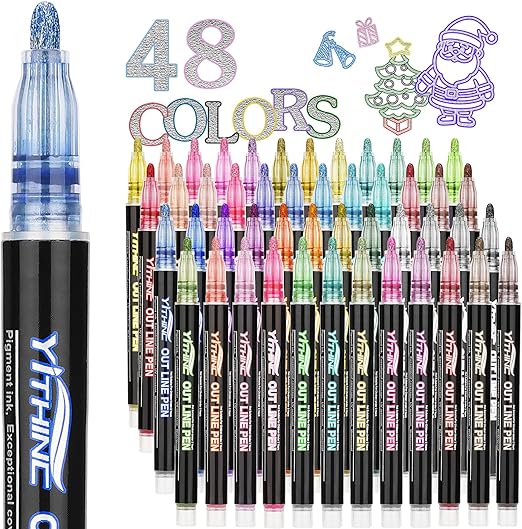 YITHINC Glitter Pens Outline Marker Pen, Arts and Crafts Gift for Kids Girls, Teenage Girls Gift, 48 Sparkle Metallic Colouring Pens, Easter Gifts for 4 5 6 7 8 9 10 11 12 Year Old Girls