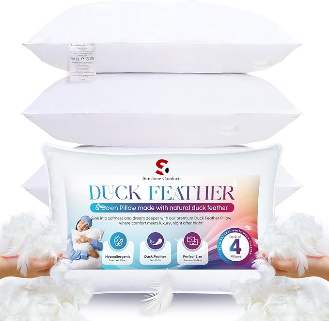 Duck Feather & Down Pillows (4 Pack) – Hotel Quality Bed Pillows for Sleeping, Soft & Breathable Pillow 1200GSM for Back, Side & Stomach Sleepers – Washable & Anti-Allergenic Comfort (50X75CM)