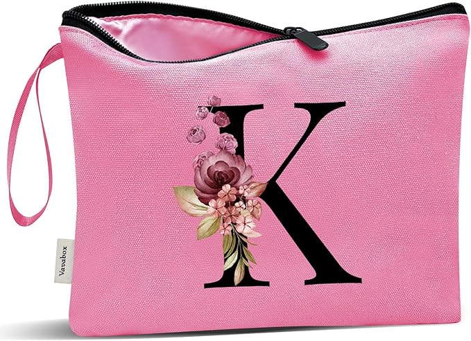 Vavabox A-Z Personalized Initial Makeup Bag, Birthday Gifts for Women Unique,Bride Bridesmaid Gift Cosmetic Bags (K, Peach)