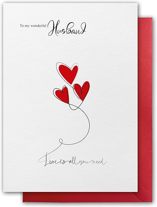Valentines Card for Husband. Love is all you need Design. Eco-friendly. Textured Stock. A5 Size. Valentine's Card with Red Envelope. Verse inside. Printed and Packed in UK.