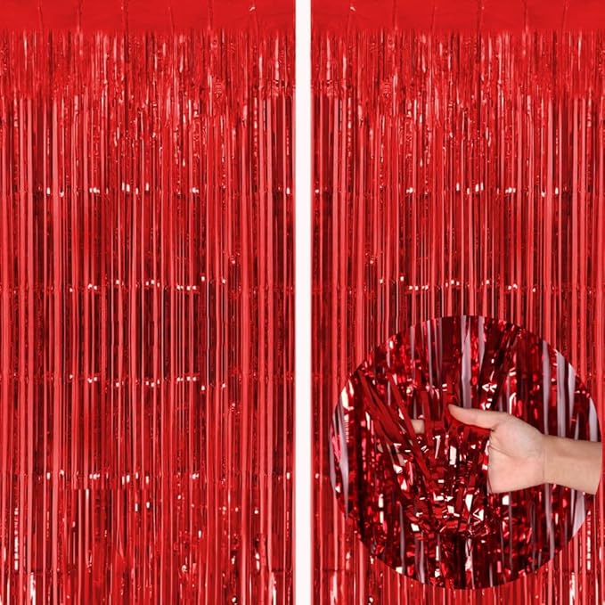 2PCS Red Foil Curtain Pink Glitter Tinsel 1 x 2m Curtains PastelFoil 3.2 x 6.5ft Curtain Backdrop Decoration Background Hanging Streamers for Fairy Birthday School Wedding Holiday Party -(Red)