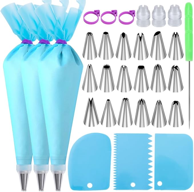 Piping Bags and Nozzles Set, Cakes Decorating Kit Supplies with 3 Reusable Pastry Bags, 18 Frosting Tips, 3 Couplers, 3 Bag Ties, 3 Cake Scraper, 1 Cake Decorating Tools for Cookie Icing