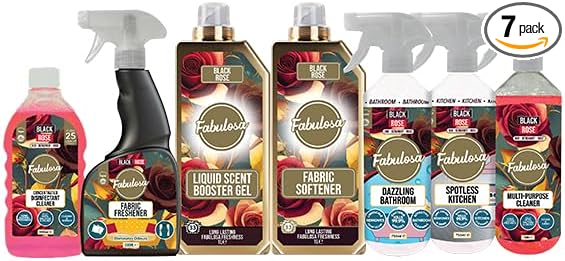 Fabulosa All-in-One General Household Cleaning Bundle, Oud Cleaners and Fresheners, Antibacterial Sprays and Disinfectants Long Lasting Fabric Softener and Liquid Scent Booster Gel, 7 Pack, Black Rose