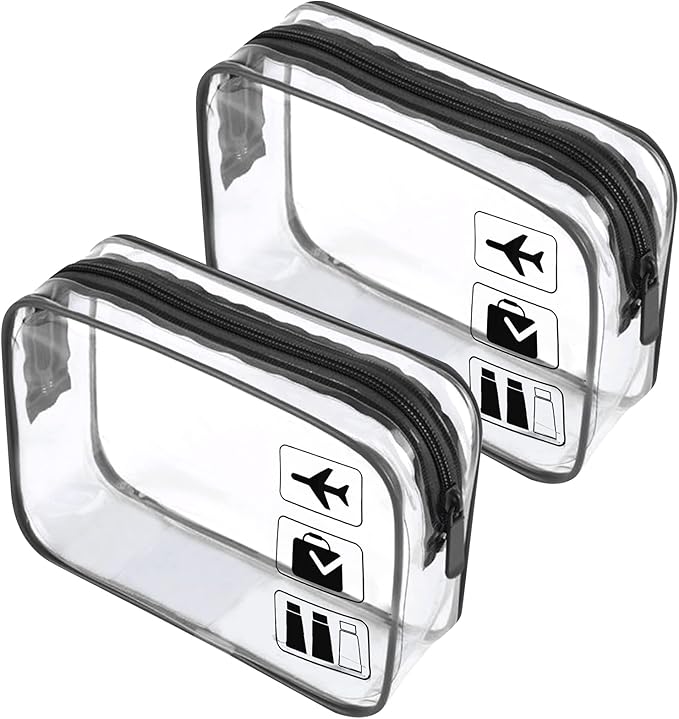 2pcs Clear Travel Toiletry Bag TSA Approved Quart Size Travel Bag Transparent Airport Security Carry on Liquid Bag Plastic Cosmetic Pouch (Black)