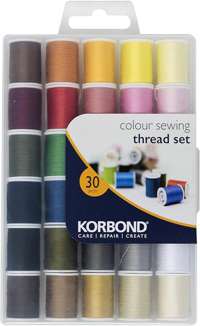 Korbond All Purpose Thread Set - 1350m Polyester Sewing Thread - 30 Colours x 45m - Hand and Machine Sewing and Crafting - Includes Black and White Thread for Machine and Hand