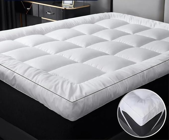 10cm Thick Mattress Topper Kingsize Bed - 1000GSM Heavy Filling Quilted Extra Deep Super Fluffy & Breathable, Soft Box Stitched - Mattress Pad Strong Corner Elastic Straps Machine Washable (King)