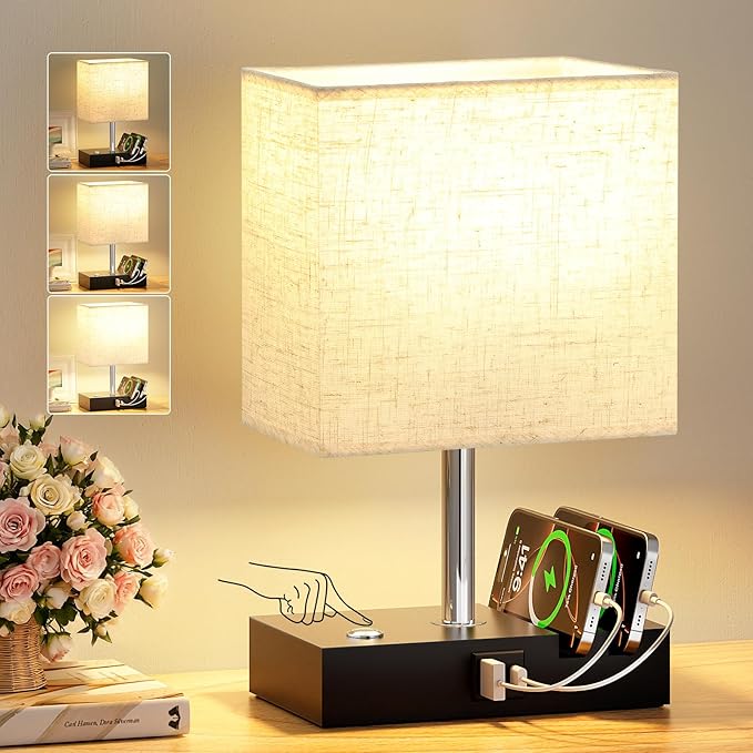 Beige Touch Lamp, Bed Side Lamp with 2 USB Charging Station, Black Metal Base (Bulb Included)