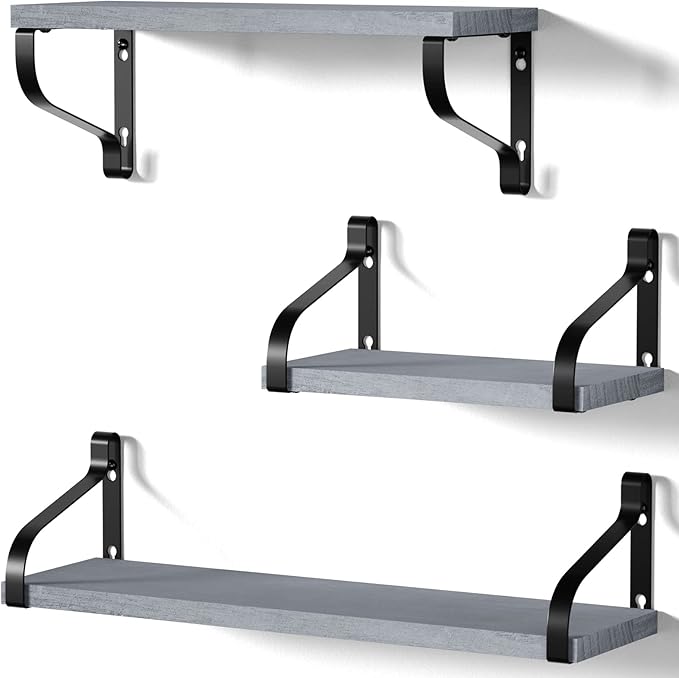 Love-KANKEI Rustic Shelves, Decorative Wall Shelf Set of 3, Floating Shelves for Bathroom, Bedroom, Living Room,Kitchen, Office and More, Weathered Grey
