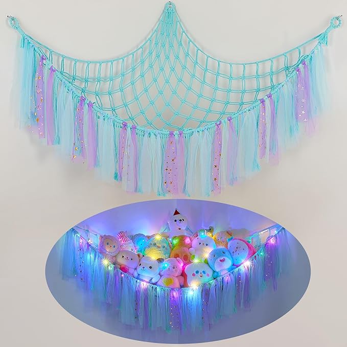 MHJY Toy Hammock Stuffed Animals Storage Net Soft Cuddly Toys Large Corner Hanging Net With LED Light Hand Woven Plush Macrame Organizer with Tassel for Kids Bedroom Nursery