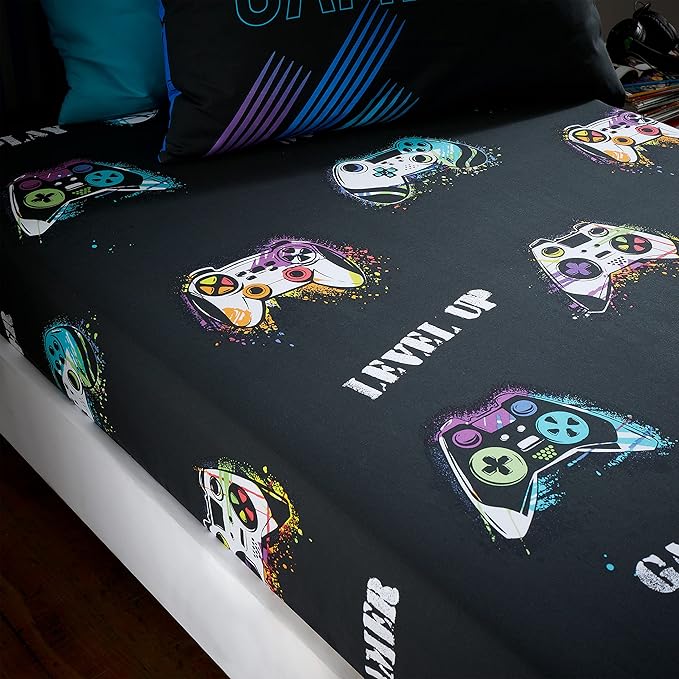 Catherine Lansfield Kids Bedroom Game Over Single Fitted Sheet 25cm Depth Black
