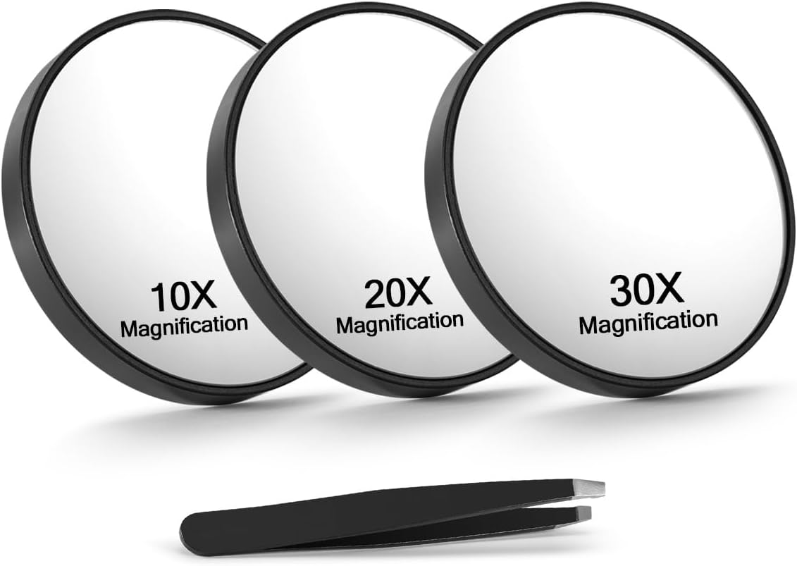 10X/20X/30X Magnifying Mirror with Suction Cups and Tweezers Set, 3.5 inches Travel Magnified Makeup Mirror, Black, 3PCS