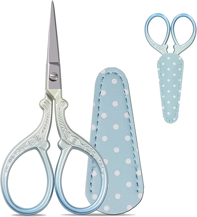 1PCS Embroidery Scissors Small Craft Stainless Steel Scissors,Stainless Steel CraftScissors for Sewing Threading Needlework Handicraft Trimming with Leather Protective Case Blue