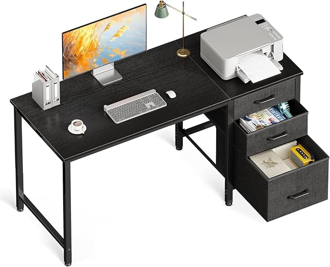 Coleshome Computer Desk with Drawers, 120×48cm Office Desk with Storage, Reversible Small Black Desks for Home Office