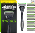 Wilkinson Sword Hydro 3 Men’s Razor, Great Addition to Wash Bags for Men's Grooming, Great Shavers for Routine Shaving, 1 Reusable Handle plus 9 Blades Refills Pack