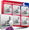 Menz Self Adhesive Hooks, Set of 6 – Stick on Hooks Stainless Steel for Heavy Duty, No Drilling, Strong Sticky for Hanging Towels, Bathrobes and Keys, Tea Towel Holder for Door or on Wall