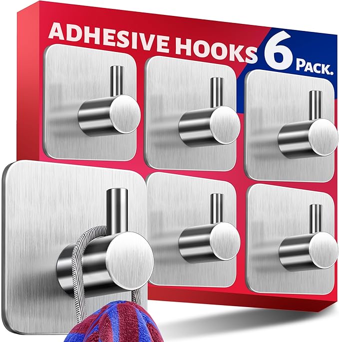 Menz Self Adhesive Hooks, Set of 6 – Stick on Hooks Stainless Steel for Heavy Duty, No Drilling, Strong Sticky for Hanging Towels, Bathrobes and Keys, Tea Towel Holder for Door or on Wall