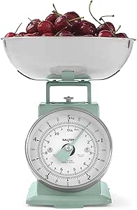 Salter Timeless Mechanical Kitchen Scale – Baking Scale with 5 kg Capacity, 1 Litre Dishwasher Safe Bowl, Analogue Food Scale, Classic Design, Easy Read Large Dial, 22cm Height, Sage