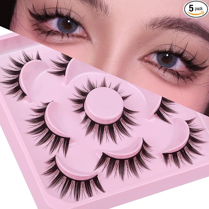 False Eyelashes Natural Cosplay Lashes Doll Anime Japanese Faux Mink Lashes Pack Spiky Manga Fake Eyelashes Wispy Long Thick Ruffle Fake Eye Lashes 5 Pairs