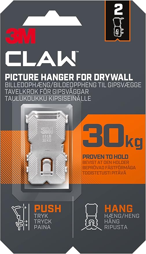 3M Claw Plasterboard Picture Hanging Wall Hooks For Hanging Home Décor, 2 Hangers, Holds up to 30 kg - Ideal for Heavyweight Items