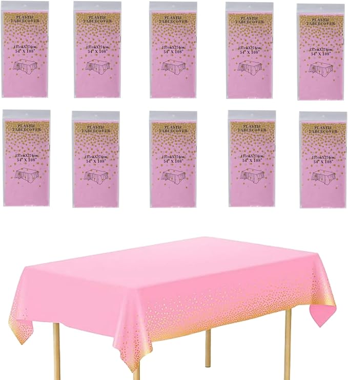 10 Pack Rectangular Plastic Tablecloths - Pink & Gold Party Table Covers (274x137cm) - Gold Polka Dots Tablecloth for Party, Wedding, Christmas, Festive Events