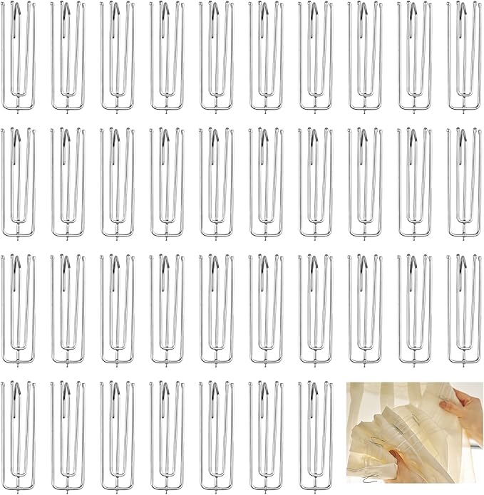 40 Pack Pinch Pleat Curtain Hooks, Stainless Steel Header Tape Pins, Heavy Duty Metal Curtain Hooks for Window Door Bathroom (Silver)