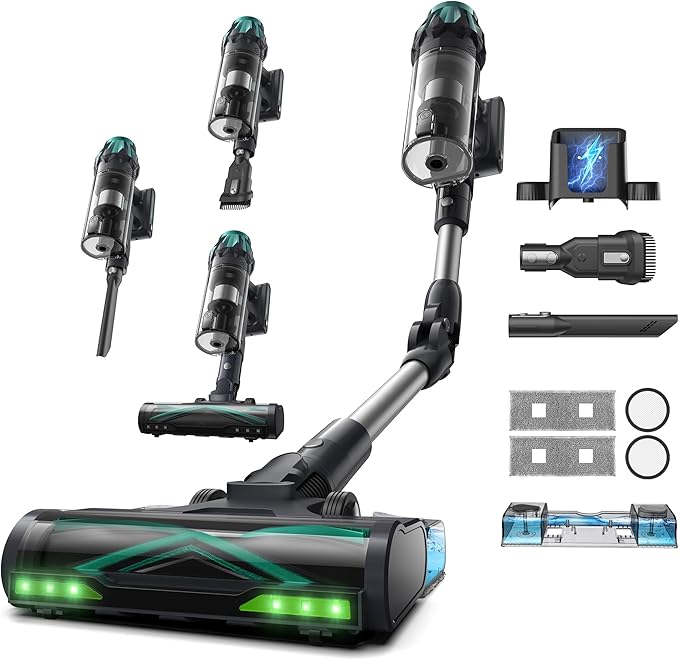 Vexilar V15Max Cordless Vacuum Cleaner with Mop, 65KPA/600W/60Mins, Flexible Foldable Tube, Green LED, 1.5L Dustbin, Self-Standing, Wall Mount Charging, Anti-Tangle Stick Vacuum for Carpet Pet Hair