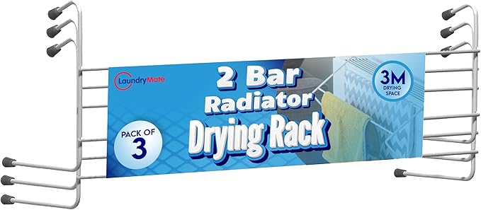 Radiator Airer 3 Pack Radiator Clothes Airer Space-Saving Drying Rack 2-Bar Over Radiator Towel Rail Hanger - 3M Drying Space Ideal for Radiators, Doors and Bathroom