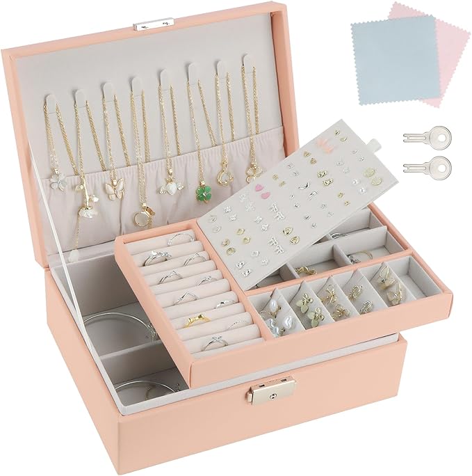 Jewellery Box, 2 Layer PU Leather Jewellery Organiser with 2 Keys and Cleaning Cloth, Suitable for Rings, Earrings, Necklaces, Bracelets, Accessories - Gifts for Women, Girls (Pink)