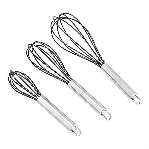 Amazon Basics Stainless Steel and Silicone Non-Stick Coated Whisk Set, Pack of 3, Black, 20.3, 25.4 and 30.5 cm