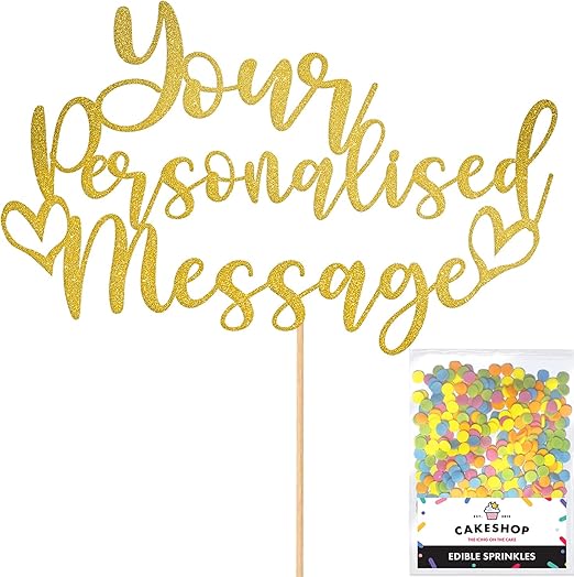 Any Text Personalised Glitter Cake Topper - Gold Name, Age, Words Glitter Cake Decoration and Sprinkles - Happy Birthday Decorations - Personalised Toppers for Cakes by Cakeshop