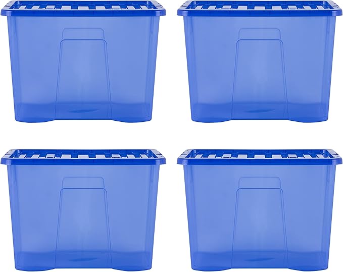 Wham Crystal 4 x 80L Stackable Plastic Storage Boxes with Lids | Ideal for Home, Office, Toys & More | Large Boxes | Made in UK - Spectrum Blue