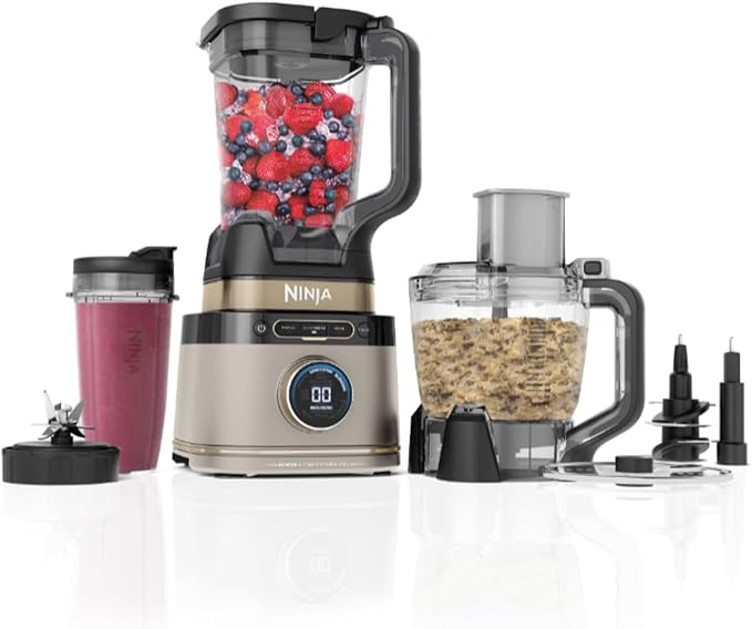 Ninja 3-in-1 Detect Power Blender Processor Pro, Powerful 1200W Blender, Food Processor Bowl, Dough Blade, 2x Single Serve Cups, Jug, Make Pizza Dough, Blend, Chop & Mix, Stone Gold, TB401UKSTGD