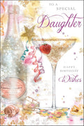 Jonny Javelin Special Daughter Birthday Card - Champagne Bottle and Party Cocktail Embossed with Foil and Flitter Details