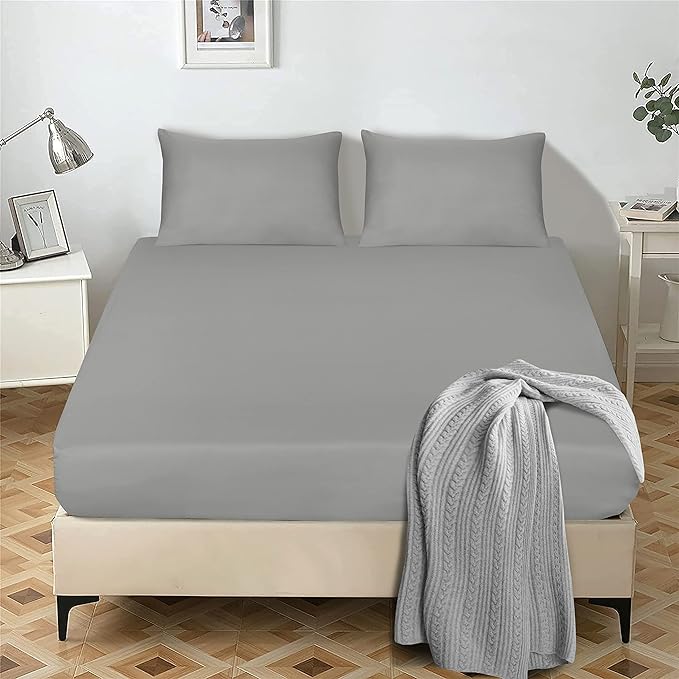 Double Fitted Sheet 25 cm Deep Brushed Microfiber Ultra Soft No-Iron Wrinkle-Resistant Plain Dyed Fitted Bed Sheets Hypoallergenic Breathable Sheets (Grey)