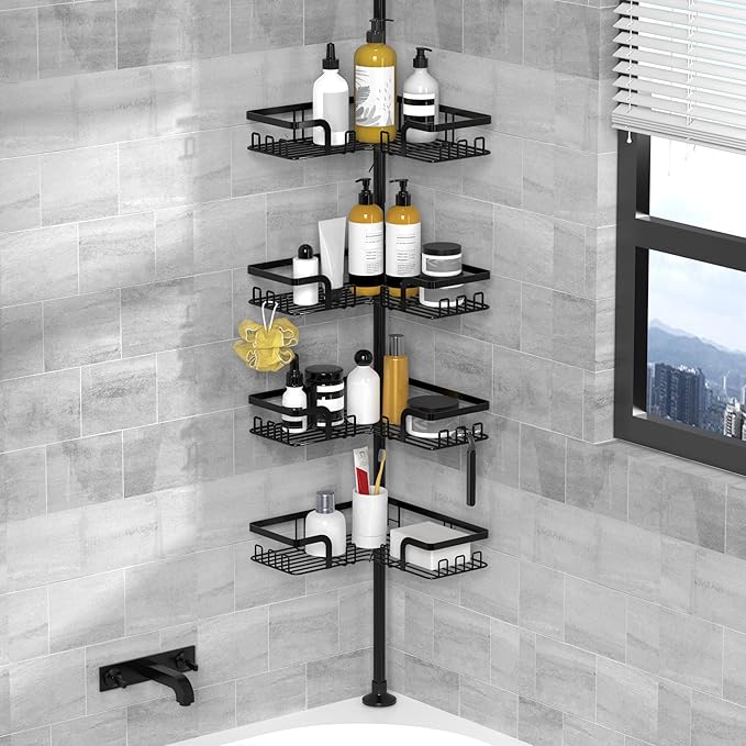Kegii Telescopic Shower Caddy, Corner Shower Shelf Bathroom Corner Storage Bath Organizer Caddy without Drilling, 4 Basket Black