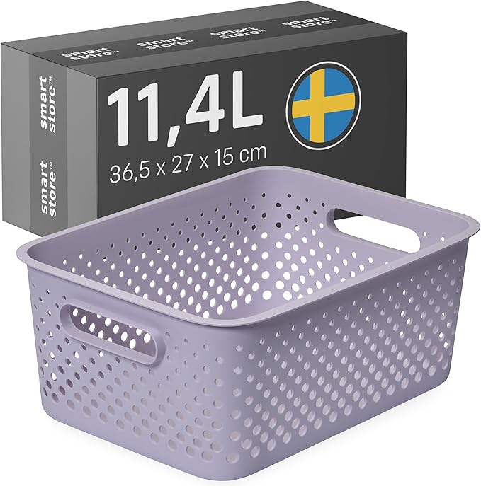 SmartStore Storage Basket with Handles in Lavender 11.4L (36.5x27x15cm) | Plastic Storage Bin from Recycled Plastic | Essence L Storage Box fits A4 paper| Storage with 10-year Warranty