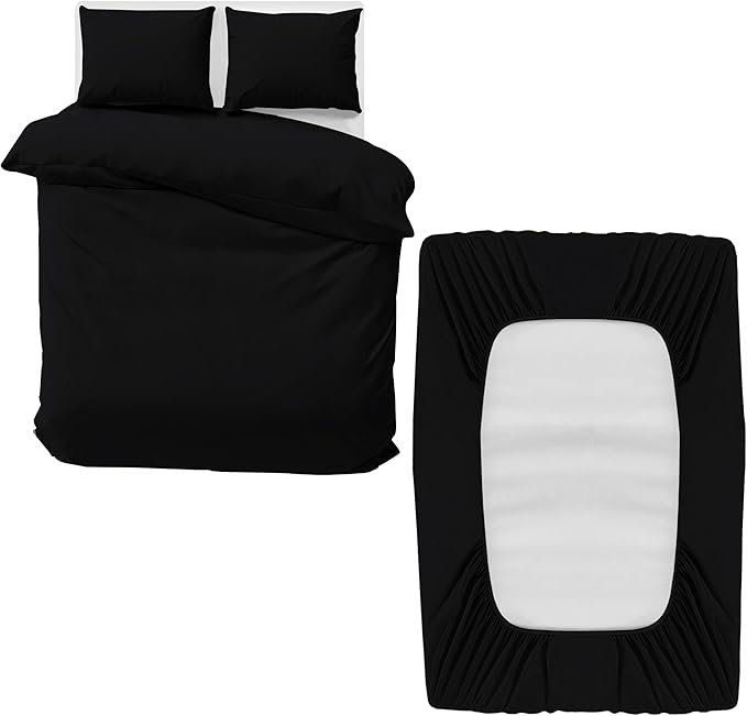 MOONLIGHT20015 Double Bedding Set 4 Piece Duvet Cover Fitted Sheet with Pillow cases Soft Brushed Microfiber Duvet Cover sets Black