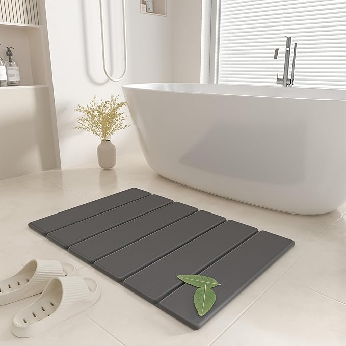 Stone Bath Mat,23.62''Foldable Quick Dry Bath Mat,Natural Diatomite Super Absorbent Stone Drying Mat,Non-Slip for Bathroom,Easy To Clean,Grey